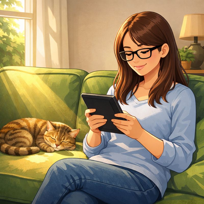 AI generated image of woman reading a book with cat nearby